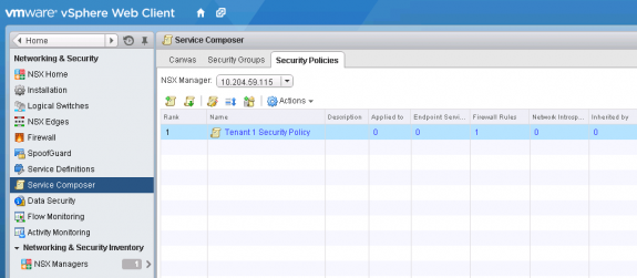 NSX Service Composer: Configured security policy