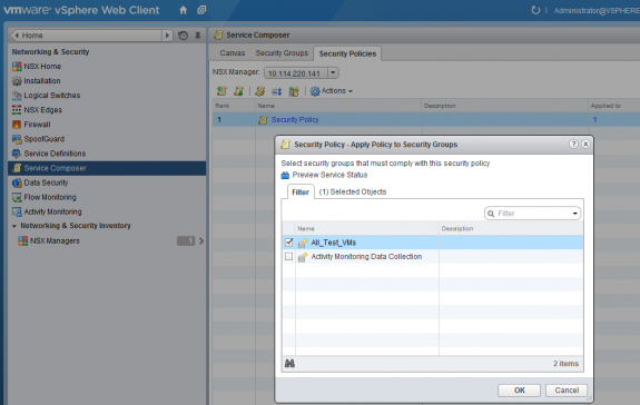 VMware NSX: Applying Security Policy to "All_Test_VMs" Security Group