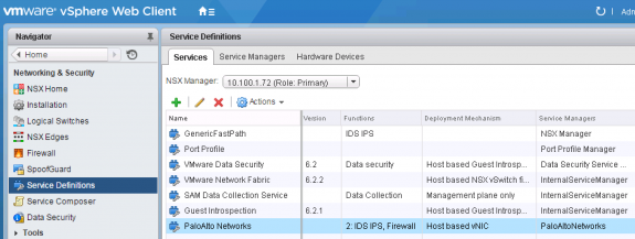 Figure 6 Palo Alto Networks Service Profile Installed on Primary NSX Manager