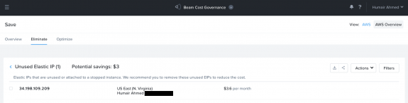 Nutanix Beam Dashboard - AWS Cost Savings by Eliminating Unused Elastic IP