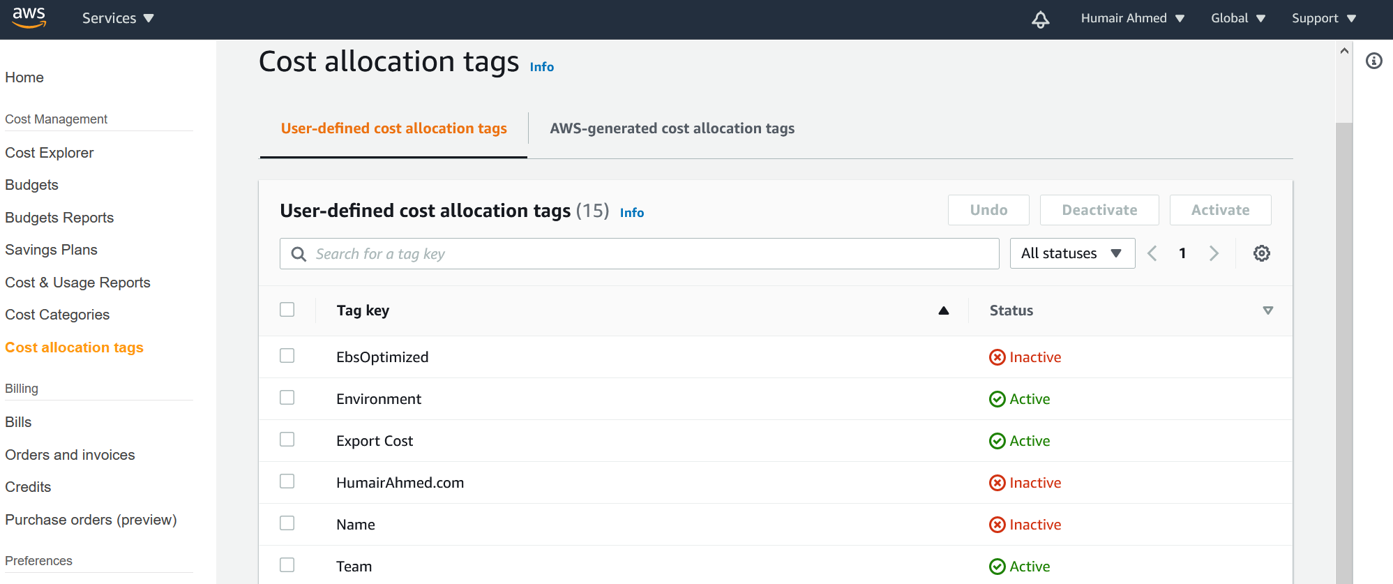 AWS - Activated 'Team' Cost Allocation Tag