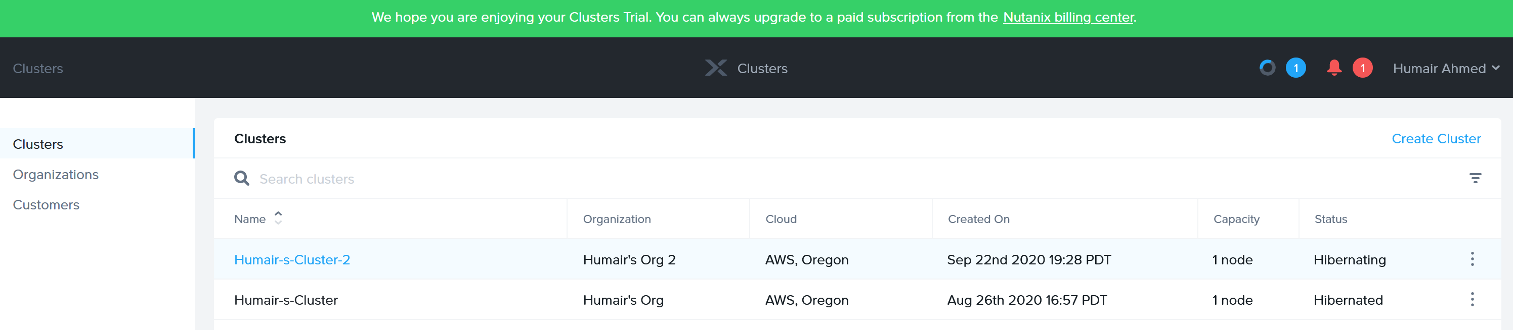 Nutanix Clusters on AWS -  'Humair-s-Cluster-2' Cluster Starting to Hibernate