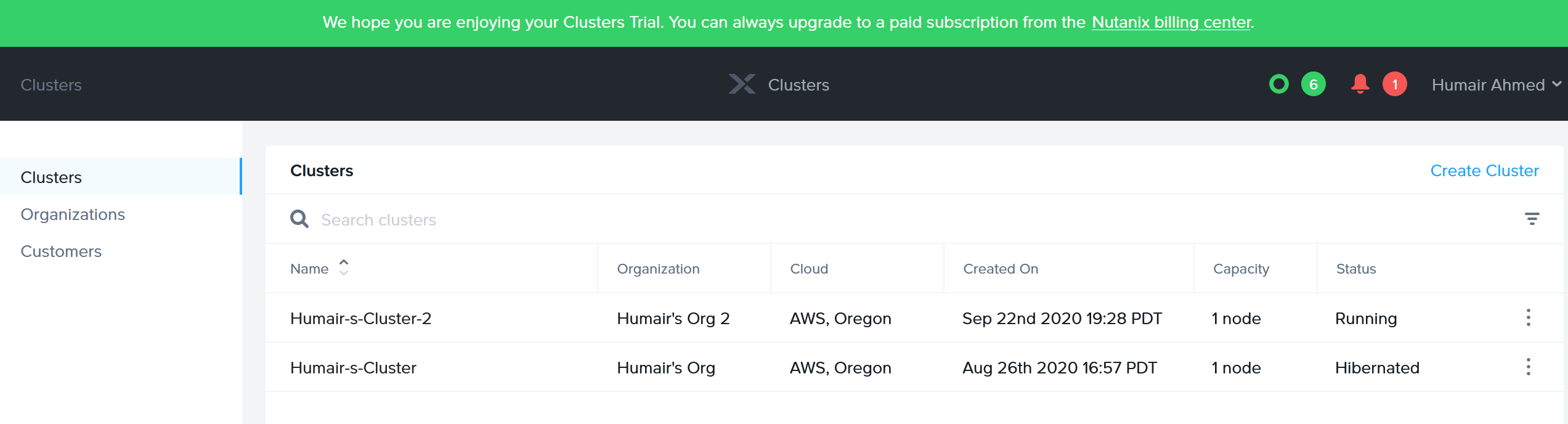Nutanix Clusters on AWS - 'Humair-s-Cluster-2' Cluster Running