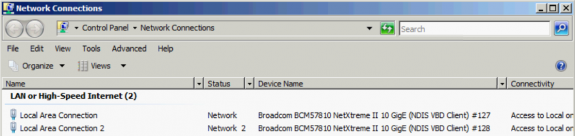 'Network Connections' view in Windows Server 2008 R2 Enterprise