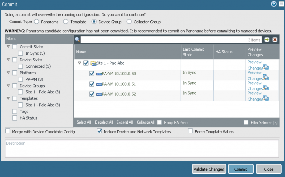 Figure 14 Committing Palo Alto Networks Security Policies in Panorama to Local SVMs