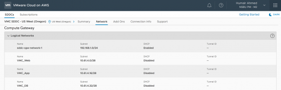 NSX Logical Networks in VMC SDDC in the US West (Oregon) Region