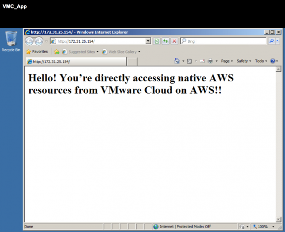 Figure 18: Accessing the Web Server on the EC2 Host from App VM in VMware Cloud on AWS via HTTP