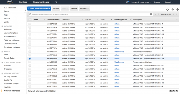 Figure 4: ENIs Created for VMware Cloud on AWS in the AWS Customer VPC via the CloudFormation Template