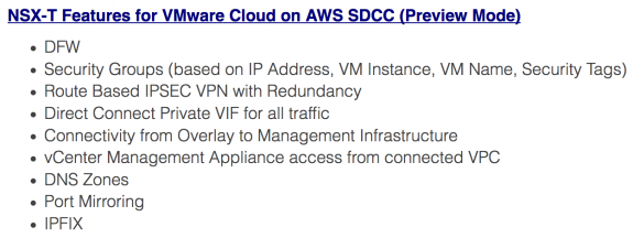 Figure 1: NSX-T Features for VMware Cloud on AWS SDDC