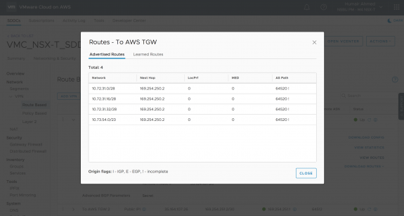 Advertised Routes from VMware Cloud on AWS SDDC 1