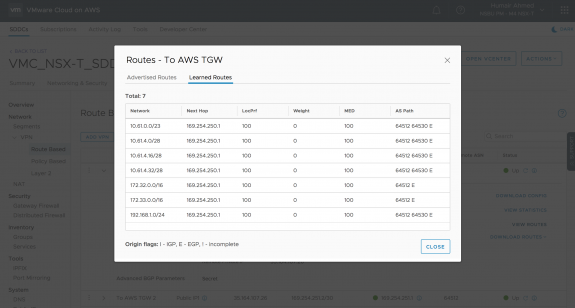 Routes Learned by VMware Cloud on AWS SDDC 1