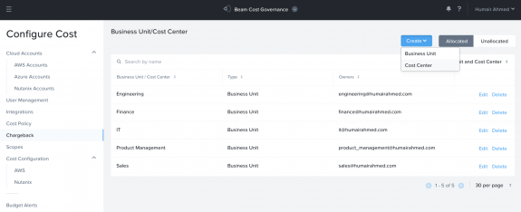 Nutanix Beam - Configuring Business Units and Cost Centers Under Chargeback