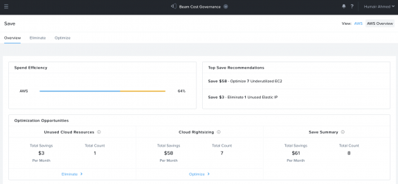 Nutanix Beam Dashboard - AWS Save Overview and Recommendations