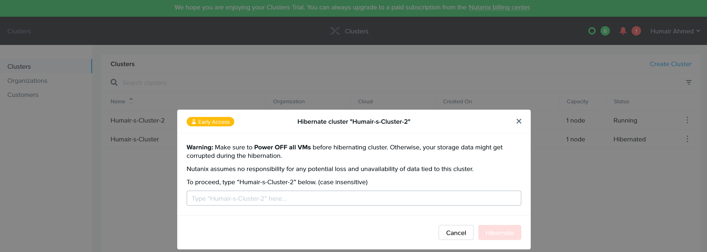 Nutanix Clusters on AWS - Confirm to Hibernate Cluster