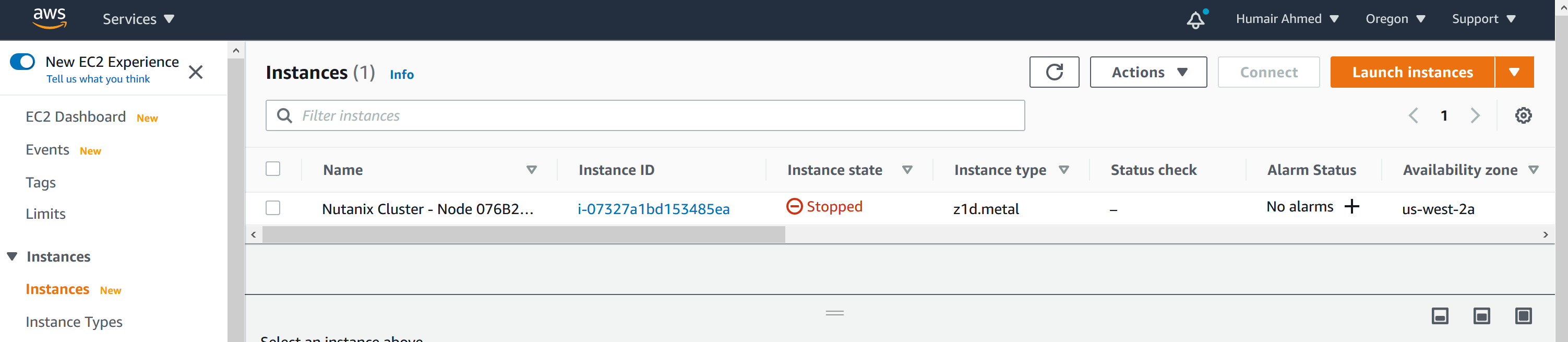 Nutanix Cluster Hibernated - Host Shows as Stopped Under Instance State in the AWS Console
